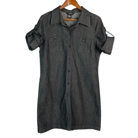 Sandro Sportswear Stretch Denim Shirt Dress Black Tab Sleeve Button Up Collar 12 - Picture 2 of 12